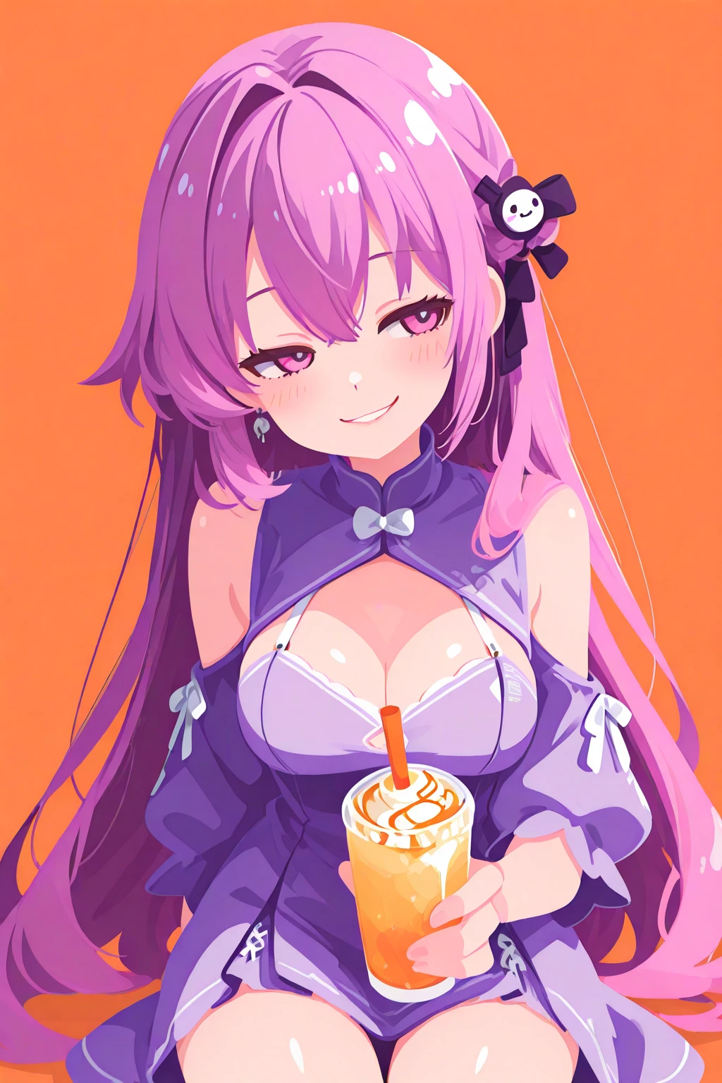 haiz_ai:0.6,no lineart:0.232352,no outline,C0utur3Cr4z3:0.6 ,Minimalist coloring:0.8,1girl, Dorothy_ nikke, goddess of victory: nikke, mitsumi, pink hair, soft smile, looking away, alternate costume, outdoor soft color, holding drink, pov, pink eyes, blush, cowboy shot, simple background,hair clip, purple hair clip, charming smile, smirk, medium breast, dress, long hair, clothing cutout, sitting, orange background
