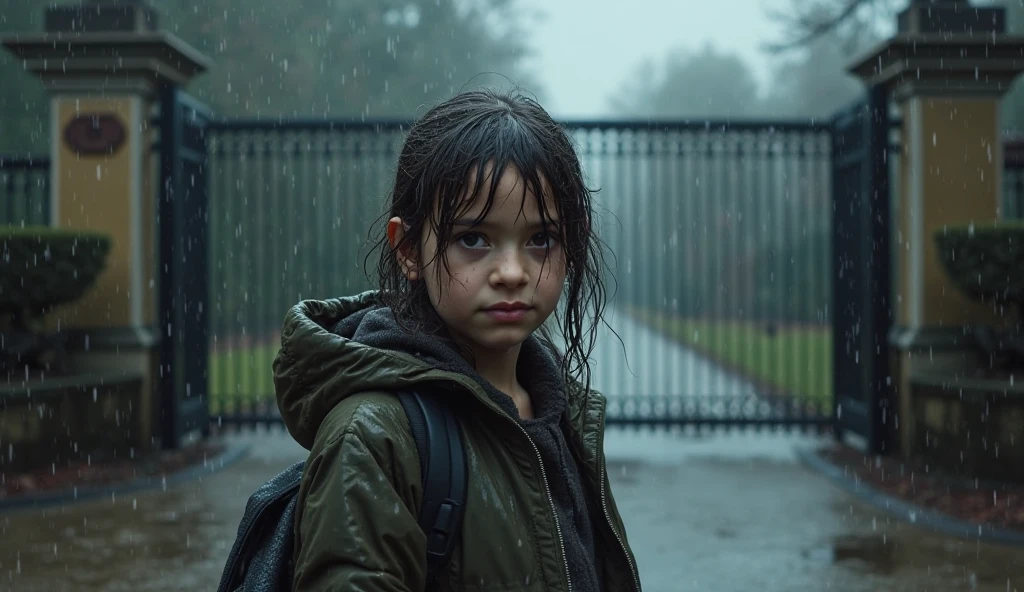 a small girl standing in middle of a forest wearing a yellow raincoat, his face looks like exactly like childhood emma watson 
