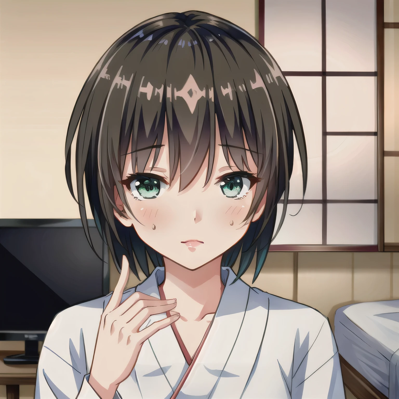 A 2D anime-style portrait of a beautiful girl with translucent skin and softly expressive eyes, gentle blush, subtly glowing gradient hair, delicate emotional line art with soft shadows, evoking a melancholic and enchanting mood. She is wearing a traditional red and white Japanese shrine maiden outfit (miko attire), sitting on the edge of a simple bed in a modest Japanese business hotel room. On the table nearby is a moist hand towel. She leans slightly forward, holding both hands playfully in front of her mouth, as if imagining holding something big and delightful. Her lips are softly parted, and she has a cheeky and flirtatious expression. No food or objects are being held. Brown hair, short hair, green eyes.