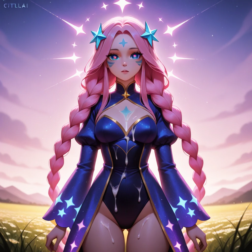wavy blonde hair, pink highlights,pink thick lips, beautiful long legs, glowing skin, goofy smile,twintail, white bodysuit,((bodysuit with gold details)), gloves, golden neckline,full body standing,strapless dress,((heart shaped neck necklace)),city at night, on top of a building, watching like a hero,{((golden details throughout the costume))},),(((golde pointed shoulder pads up))), {{fullbody}},(((long cape on the coast))).