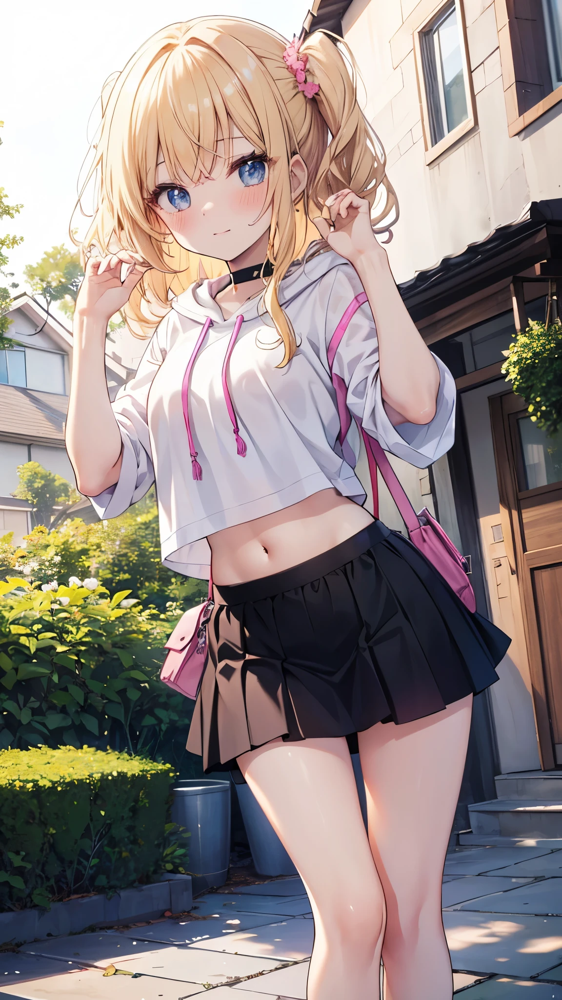 1 girl, solo, masterpiece, school,summer,dark pink school shirt, school skirt, blonde haired, ponytail hairstyle, fancy,shoes