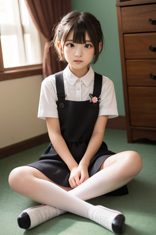 11 years old、dark brown hair、brown eye、one cute girl、solo、beautiful body、and soul、school uniform、mini skirt、garden、sit on top、
