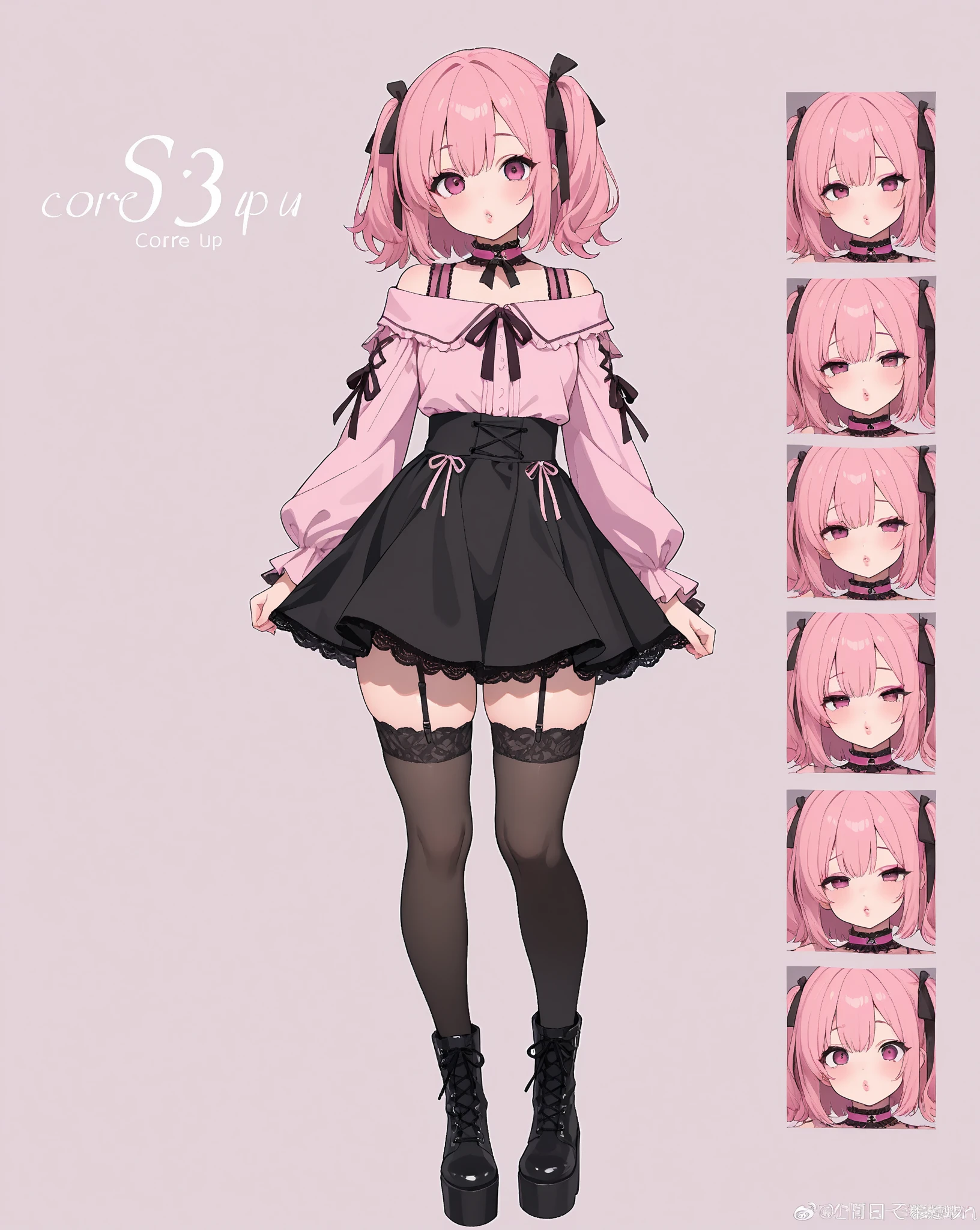 1girll, tchibi, full bodyesbian, short detailed hair, looking at viewert, mediuml breasts, Pink hair, Purple eye, Sideburns, ssmile, 独奏, dynamicposes,The finger contours are super clear,Q version of cartoon,