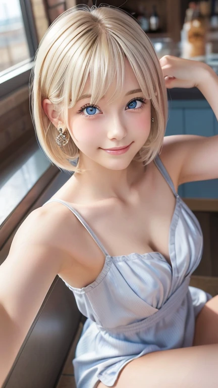 She has short platinum silver hair.、Beautiful young girl, Large bright clear pale blue eyes, A balanced perspective, And a kind smile,Wear a pure white wedding dress, Highly detailed and realistic, 8k, Very detailed, Realistic, masterpiece, Perfect breasts, Perfect genitals:2.0, Sexual Ecstasy