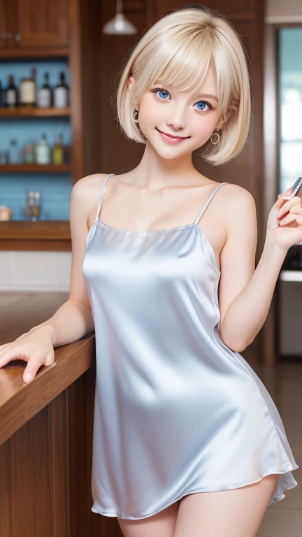highest quality、8k Masterpiece、超A high resolution、(Photorealistic:1.3)、RAW Photos、1 girl、Disheveled silvery-white very short hair、Glowing Skin、((Ultra-Realistic Details))、Portrait、Global Illumination、Shadow、Octane Rendering、8k、Super sharp、Beautiful breasts、Beautiful Eyes、Bright colors、smile、Very intricate details、Realistic Light、CGSoation Trend、Beautiful Eyes、Shining Eyes、A big smile for the camera、Neon Details、20age、Mean、Small devil、Obscene、wide shot、full body、Silver charm on the ankle、Model Body Type、Cosplay、A little sexy、Moe、Super cute、cute、pure、Fall in love、Idol、Cute Idol stage costumes、A girly cafe with gentle sunlight、A smile that will make any otaku swoon、intellectual