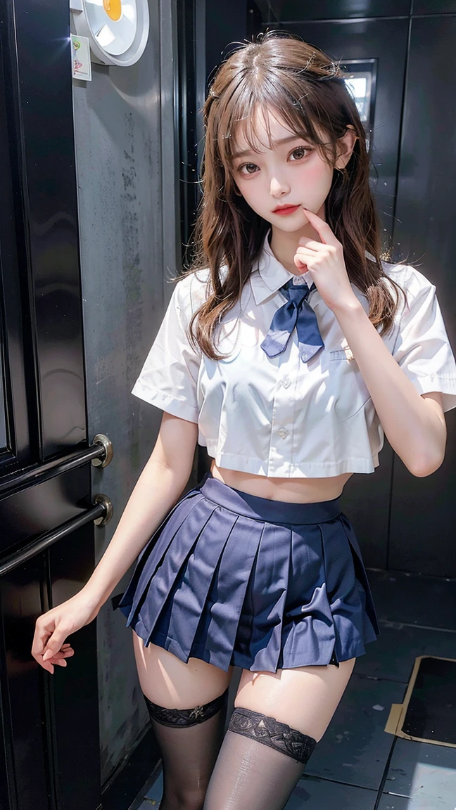 High resolution、High resolution、in 8K、Real Live Action、RAWphotographgraphy、Highest quality、masterpiece、Tabletop、erotic、young、student、White bra,White skin,knees、Detailed Panty Pattern、Panty Focus、White lace panties、absurdes,Small face、part your bangs in the middle、The forehead is visible,(Cold look<Squinting my eyes,Glare,strong,Light anger)、masterpiece,Highest quality、超High resolution,RAWphotograph,only,Beautiful poop,one person, one personで,Dark look,Small breasts,whole body、very nice、JK Uniform,(Realistic:1.37)、Photon Mapping,Light blue ribbon,Realistic、Cute Face,Brown eye、12 years、(Red bow tie)、Physics-based only dulling、prospect、Written boundary depth、Blurred Background、photograph,We、body,Beautiful legs, Long legs, Thin legs,Bobcut,(I can see the bangs), lips, green_eye, Nose Soft,(White shirt with open neck), (Navy Pleated Skirt(Please lift your skirt、White panties are visible), I can see the knees,See-through clothing,Cute Japan、Sparkling eyes、Glossy lips、Dynamic pose,Short white socks、The white socks are dirty with dirt.、Spread your legs wide、There is a large, vertical yellow stain in the center of the white panties.