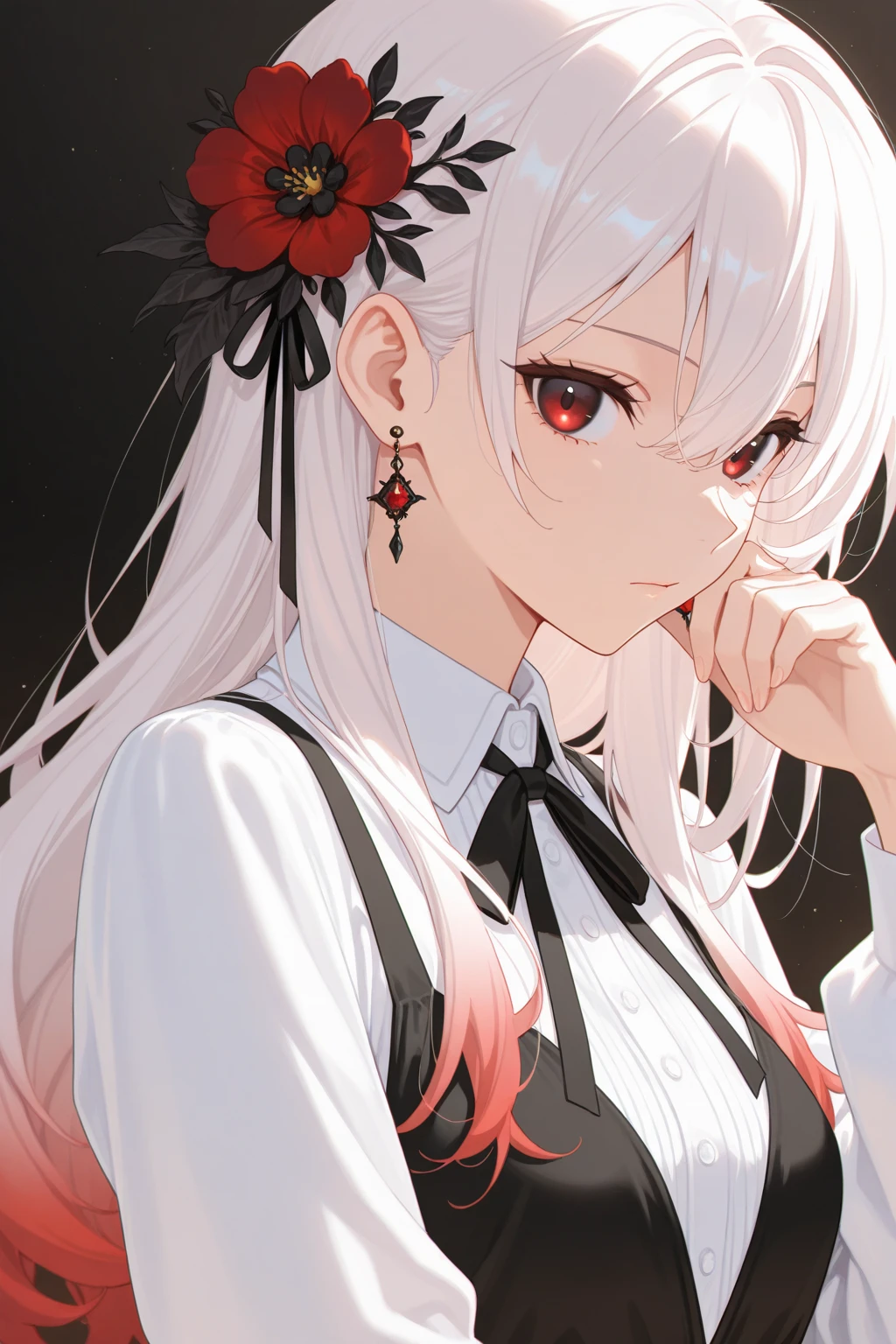 Best Quality, ultra-detailliert, very detailed illustration, white  hair, Akame, tobacco，breastsout，((Suspender Skirt))，red blush，Black tie，suspenders、skirt by the、