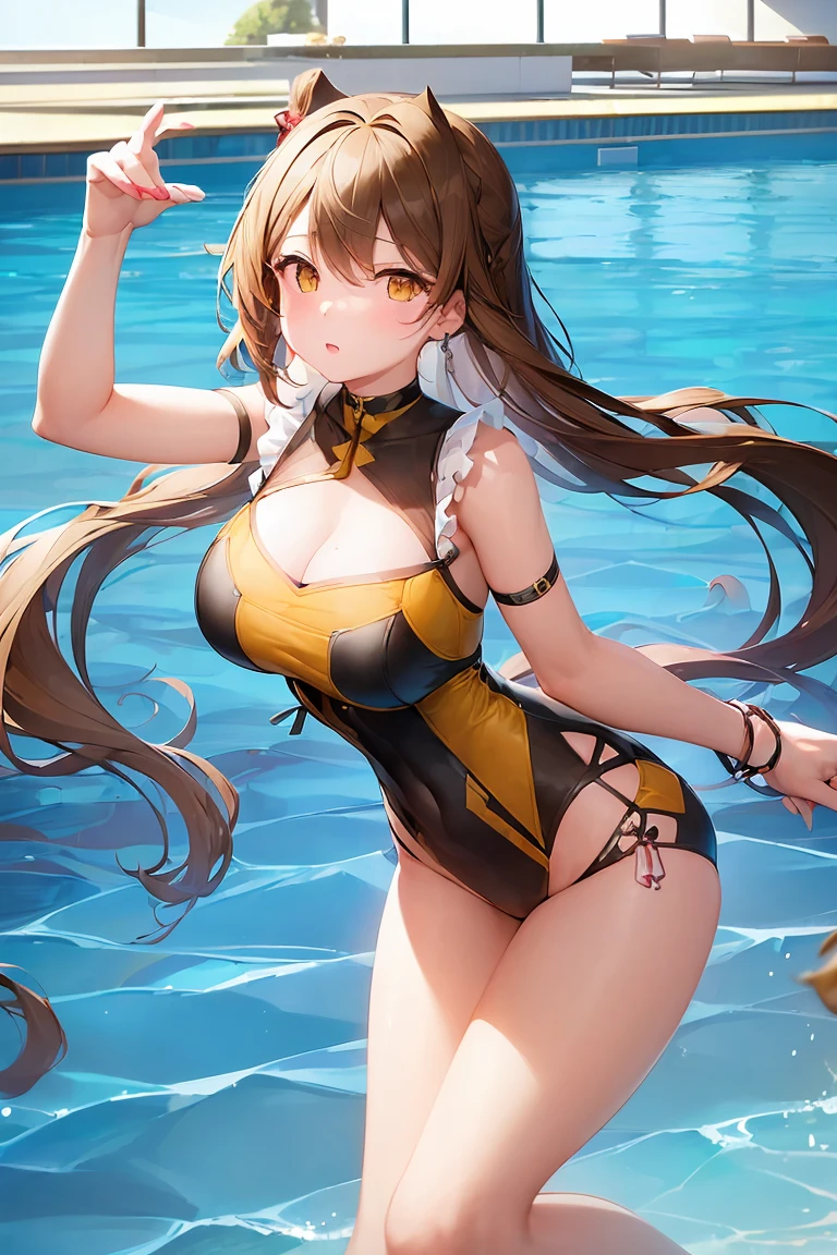 ((Masterpiece)) ((best quality)) ((ultra-detailed )) ((ultra sharp)) ((4k)).Anime girl with light brown hair and amber eyes with an aesthetic build in thongs looking at viewer