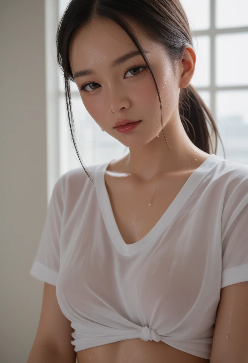 Dark brown hair、Light brown eyes、Japanese actress、 Lady、I am about 40 years old.......、(Intricate details:1.2)、 (Ultra-high resolution:1.2)、Ultra-high resolution、(Finely tuned)、(Detailed facial features)、Hmph、8K resolution、D cup size breasts、Long Hair、Bright terrace room with sunlight streaming in、Large windows、Extravagant space、relax、、,Full body photo、Head to toe shot、Beautiful feet、black　Loose fit openwork T-shirt、Underwear shorts、Beautiful feet、Bright terrace room with sunlight streaming in、she, household items,   (plant:0.8), Fashion Hub, Very detailed, Very detailed, Realistic, Hourglass Shaped Body, Obscene pose,、Messy Hair、Messy ponytail、Leaning against a wall、I cry a lot、tears、Skin is visible through the knit、White floor、White wall、A masterpiece of transparent painting、