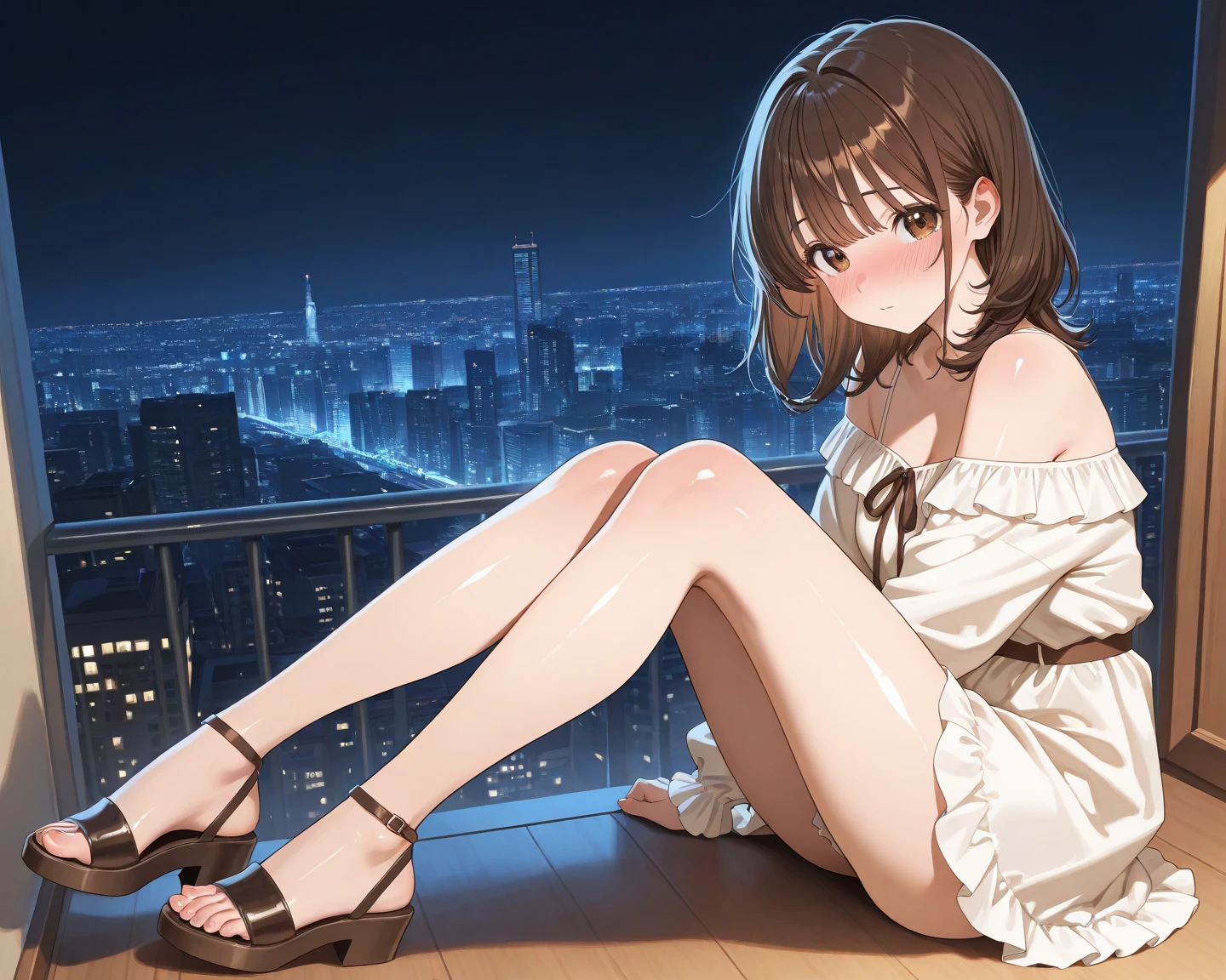 (In 8K, Ultra-high resolution, Best Quality, Masterpiece:1.2), (Realistic illustrations), (Highly Detailed CG Unity 8K Wallpaper), Relaxed girl listening to music with headset, smile, Detailed teeth, はにかんだsmile, Nostalgic vintage style animation, 80s city night view, bike