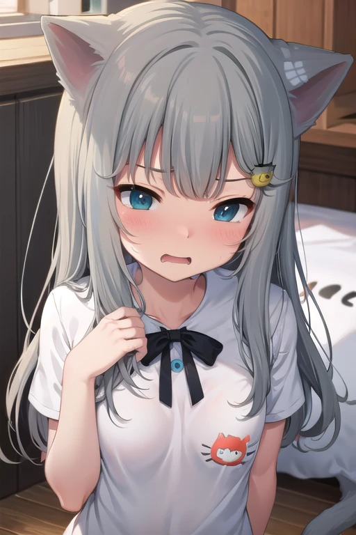 1 female, small teen cat girl, puffy cheeks, realistic lips oversized white t-shirt going all the way to the thighs, arms crossed propping up breast, hourglass figure, heterochromia eyes, cat pupils, flowy hair, white hair, annoyed, cat ears, in a cabin, best quality
