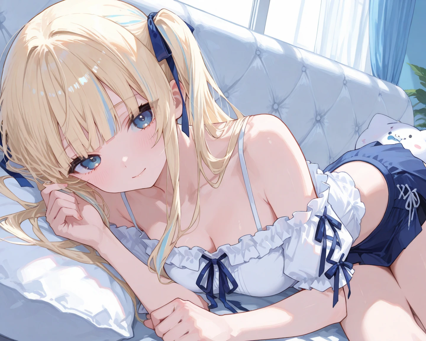 ((masutepiece, Best Quality, perfect an omy)), 1girl in, (a beauty girl:1.3), (up looking_で_viewer), (Blonde long straight hair), (Slender body, normal breast), (Camisole, lingerie), Bedroom