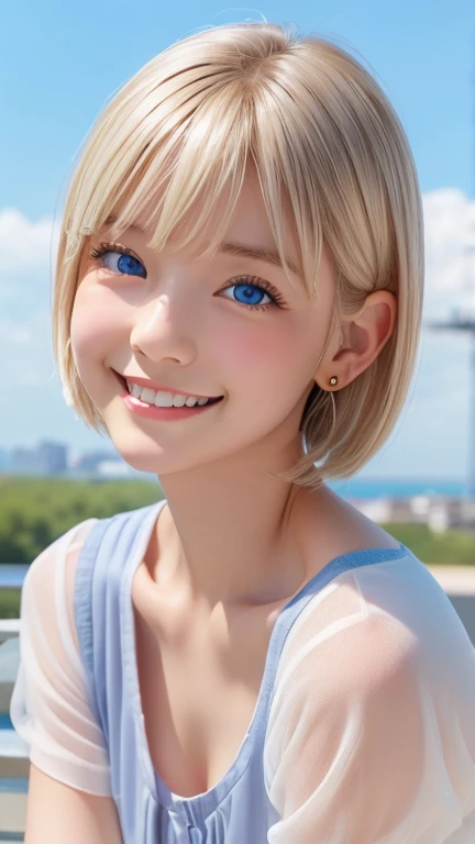 (Highest quality、8k、32K、masterpiece)、(RAW Photos)、(Realisticな)、(High resolution)、Very detailedな、Very beautiful face and eyes、One Girl、Round and small face、Delicate body、(Highest quality、Rich skin detail、Highest quality、8k)、Very detailed、(Realistic、Realistic:1.37)、Vibrant colors、(((Laughter)))、(((blonde)))、(((wave hands)))、(((smile)))、(((Cowboy Shot)))、(((Frame In)))、(((White Background)))、((Medium Hair))、(((Pure white wall background)))、(((blonde)))、(((Wearing a T-shirt with a pop design)))、(((Brown and light blue T-shirt)))、(((Pure white wall background)))、