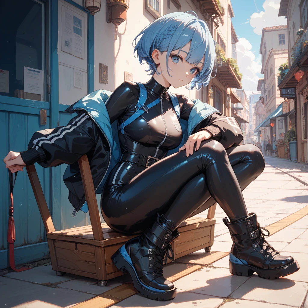 rezeroRem, Rem, blue eyes, Blue Hair, hair ornaments, Hair on one eye, hair ribbon, short hair, x hair ornaments,Baseball cap,Riders jacket Open front,red v neck t shirt,mini skirt,Black knee socks,short boots,Sitting leaning against a wall,rain,Hiding under a roof,whole bodyがイラストに入るように,
break outdoors, Alley,
break looking at viewer, whole body,
break (masterpiece:1.2), Highest quality, High resolution, unity 8k wallpaper, (figure:0.8), (Beautiful attention to detail:1.6), extRemely detailed face, Perfect lighting, extRemely detailed CG, (Perfect hands, Perfect Anatomy),