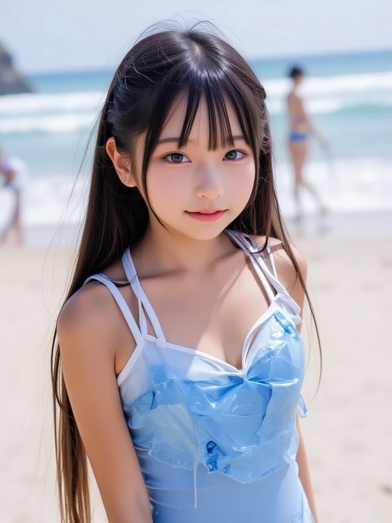 oung woman posing as she reaches out for a ball in the ocean, 1girl, solo, swimsuit, bikini, breasts, cleavage, long hair, looking at viewer, mole, brown hair, pool, smile,droptop, posing, 1girl,izumi sagiri, grey hair, multicolored hair, blue eyes, small breasts, pink bow, collarbone, frills,izumi sagiri, grey hair, multicolored hair, blue eyes, small breasts, pink bow, collarbone, frills,izumi sagiri, grey hair, multicolored hair, blue eyes, small breasts, pink bow, collarbone, frills