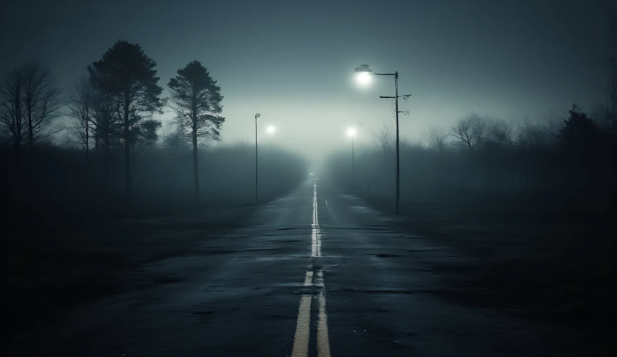 A dark  highway, liminal, hyper realistic, high detail, masterpiece.