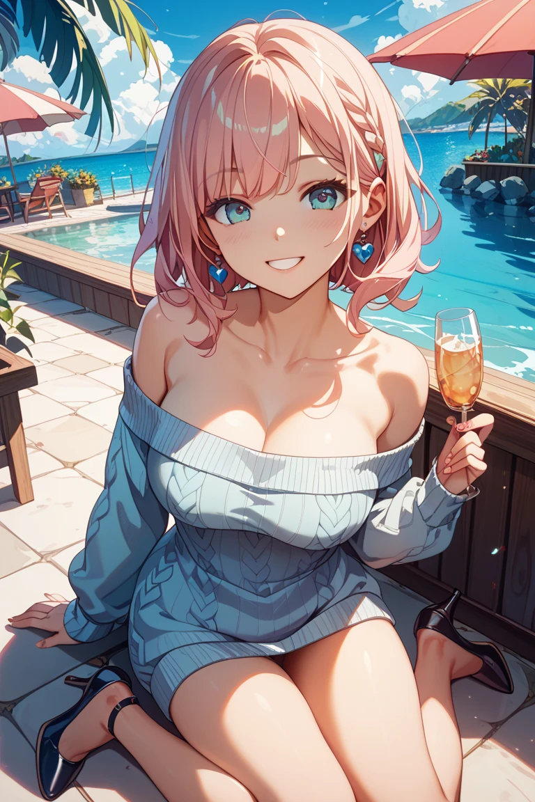 (masterpiece, best quality),(grainy:0.8), (ultra realistic:0.8), (extremely detailed:1.2), perfect anatomy, BREAK girl, ((sunglasses)), reflection on sunglasses, eyes under sunglasses, (drinking soda:1.2), ponytail, hair flower accessory, BREAK detailed summer dress, BREAK beach background, <lora:YagamiCoco-000014:0.4>,((large breasts)),