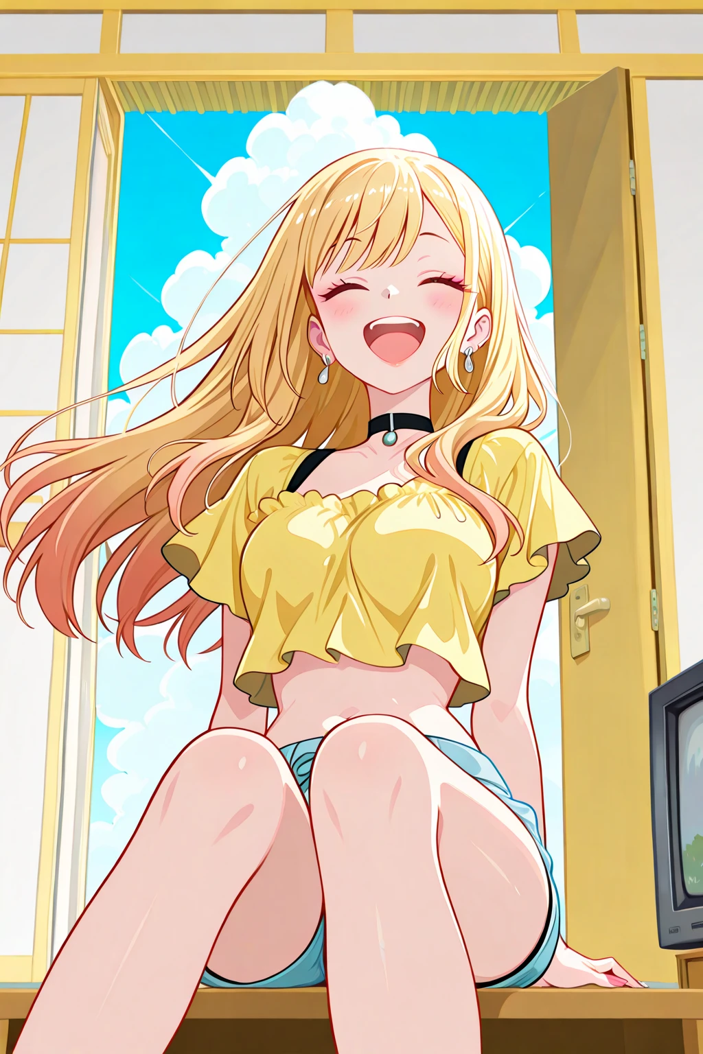 1girl, kitagawa marin, yellow hair, shorts, short short, large bust,thigh, my dress up darling, open mouth, indoor, summer, wind, television, closed eyes, teeth, upper teeth only, long hair, happy, room, circular earrings,cloud, door, Japanese architectures, floating hair, yellow crop, crop top, sitting