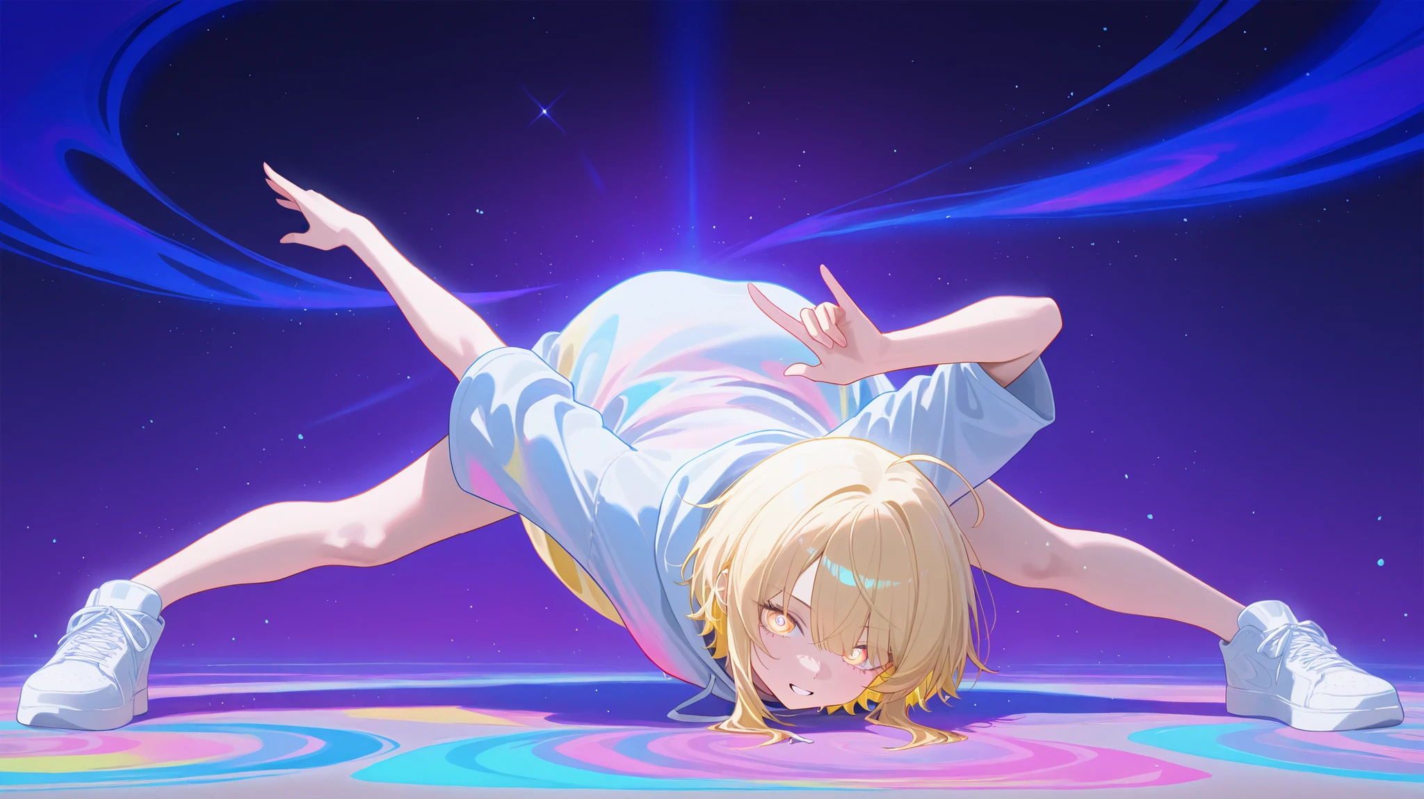  street fashion is breakdancing , intense movement, cool pose,  particles of light are dancing around her and、I feel the movement of time, play of colors, psychedelic, Focus on movement , 8k Quality