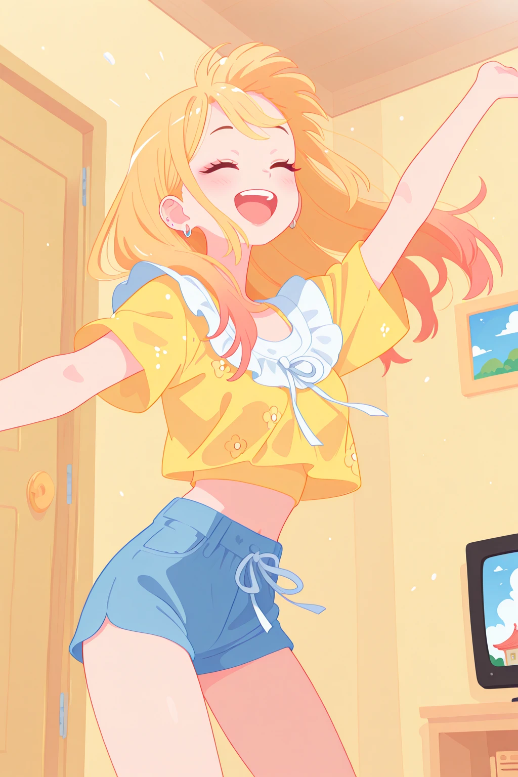 mitsumi,Minimalist Coloring,1girl, kitagawa marin, yellow hair, shorts, short short, large , thigh, my dress up darling, open mouth, indoor, summer, wind, television, closed eyes, teeth, upper teeth only, long hair, happy, room, cloud, door, Japanese architectures, floating hair, yellow crop, crop top