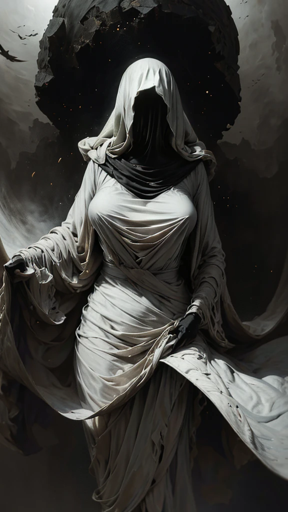 (best quality), (masterpiece), 1 girl, early 20's, huge heavy breasts, busty, massive breasts, thick, thick lips, wide hips, thin waist, g0s1, white torn cloak, hidden face, faceless, hood