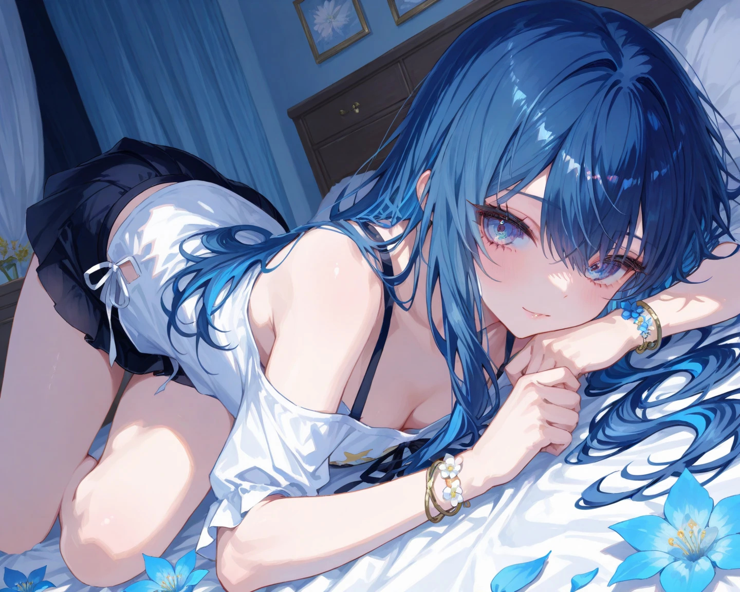1girl,solo,(A face seen from afar),closeup underboob,(closeup underboob,underboob focus:1.3),lying on bed,perspective,arch bend,mochi shaped breasts,deformed breasts,blue hair,Cobalt Hair,Short hair