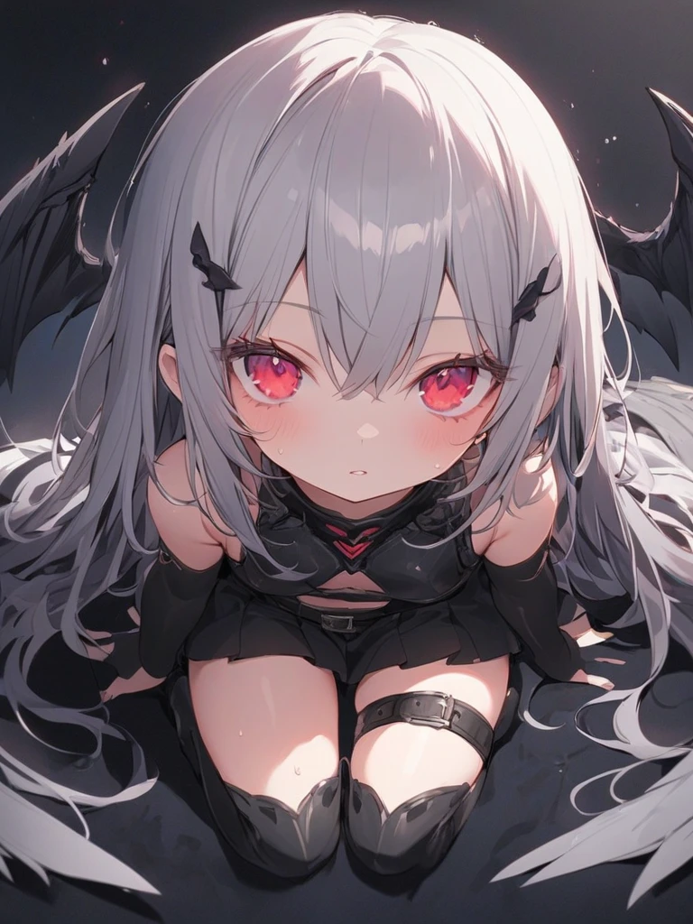 a demon queen, (demon horns, black hair, detailed hair, green eyes, beautiful eyes finely detailed), pixiv contest winner, serial art, top rated on pixiv, bat wings, big breast, side boobs, wearing black armored knight suit, her face is blushing, embarassed, seductive expression, naughty woman expression, azurlane style, standing, (half body:0.6), half body close up illustration