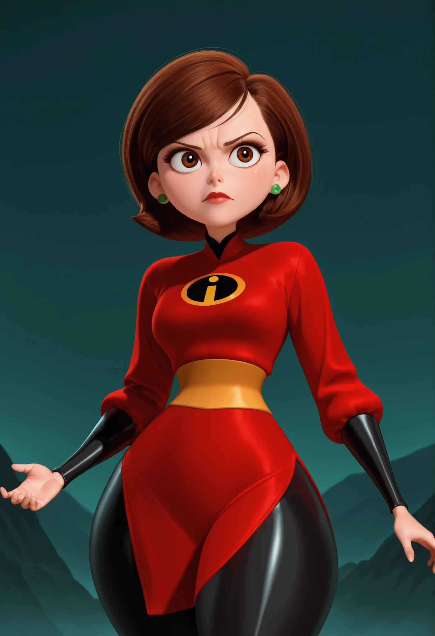 Helen Parr , female, medium hair, Bob_cut, brown hair, brown eyes, big eyes, long eyelashes, medium , narrow waist, thick thighs, huge hips, fair skin, thin hands, earrings, makeup, pink lips, lipstick.| mystical "Robo-Girlfriend" female in pale robe adorned with jade runes, gliding on a massive black serpent with armor scales, twin fans with spell seals in each hand, battlefield cloaked in mist, wuxia-mecha blend, Hong Kong kung fu comic illustration, dramatic ink rendering
