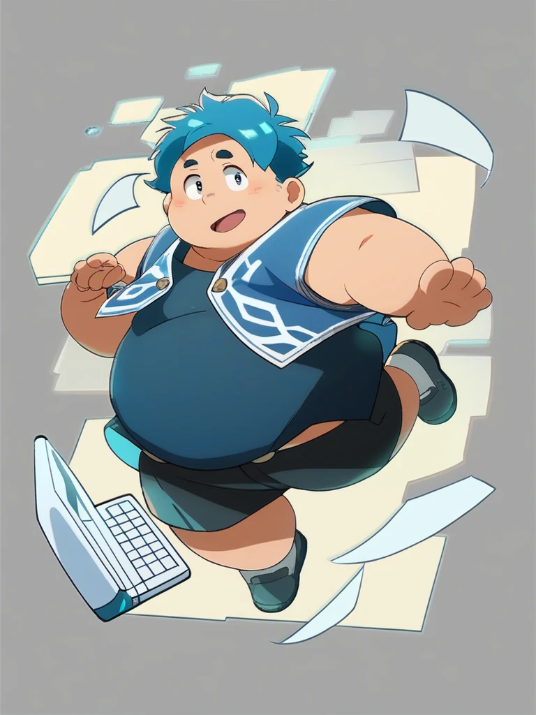 Full Body Blue, Body Noise-Sensing, as a computer folder, school dress, chubby , cute, Belly Big to Reveal Clothes, Fatty, No Glasses , With hair, Overweight, Big belly, anime style