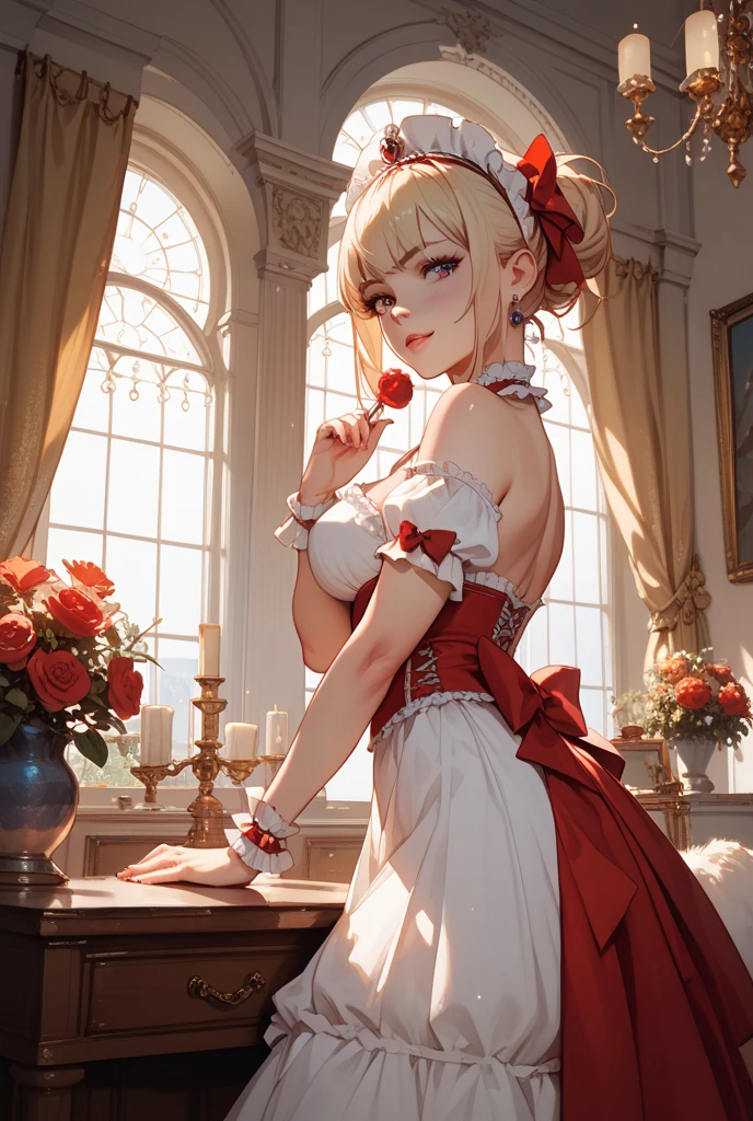 (The highest image quality, masterpiece:1.2), (Ultra Definition Illustration), (NSFW:1.3), (very cute little queen, 15yo:1.3), (1 girl:1.2), Solo, (shoot from very below:1.3) ,(condescending look:1.3) NSFW, sleeveless, armpits, (arms behind head), embarrassed, closed eyes, (sleeveless gorgeous queen red dress with roses:1.3), (translucent:1.3), lying on bed, queen crown, showing panties, Full body, Round baby face, (Glasses, Blonde Short-Cut Hair), (white thigh high pantyhose:1.2), (Evil smile, mean face, Mesugaki smile), Luxurious palace rooms, Fancy Room, RPG Royale, (widely spread leg:1.3),