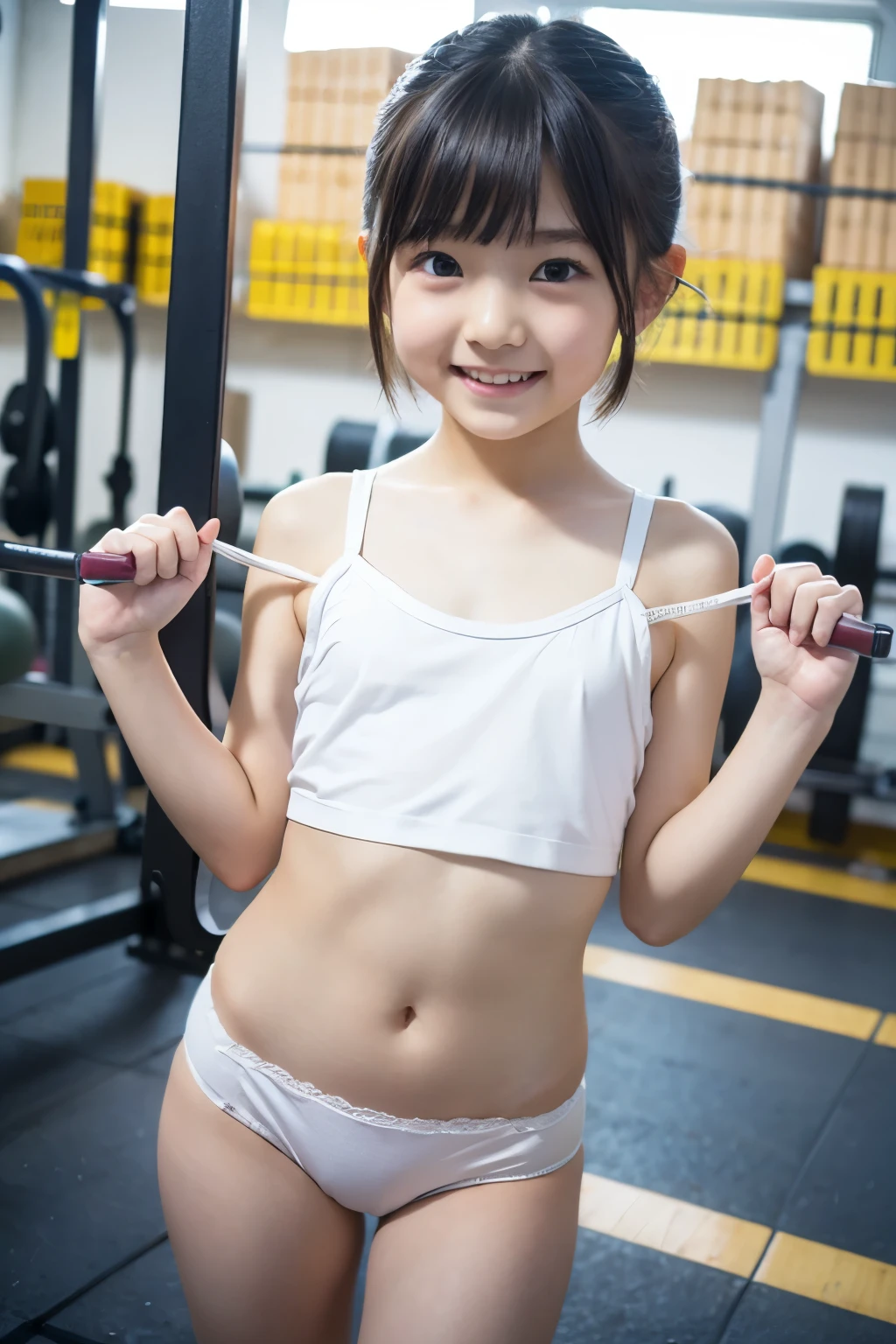 masterpiece、top quality、、  Transcendental Cute Elementary School Student 、short hair、Smile、cute white panties:10、A cute cosplay full of emotion:20、Gymnasium Warehouse、school-designated gym clothes