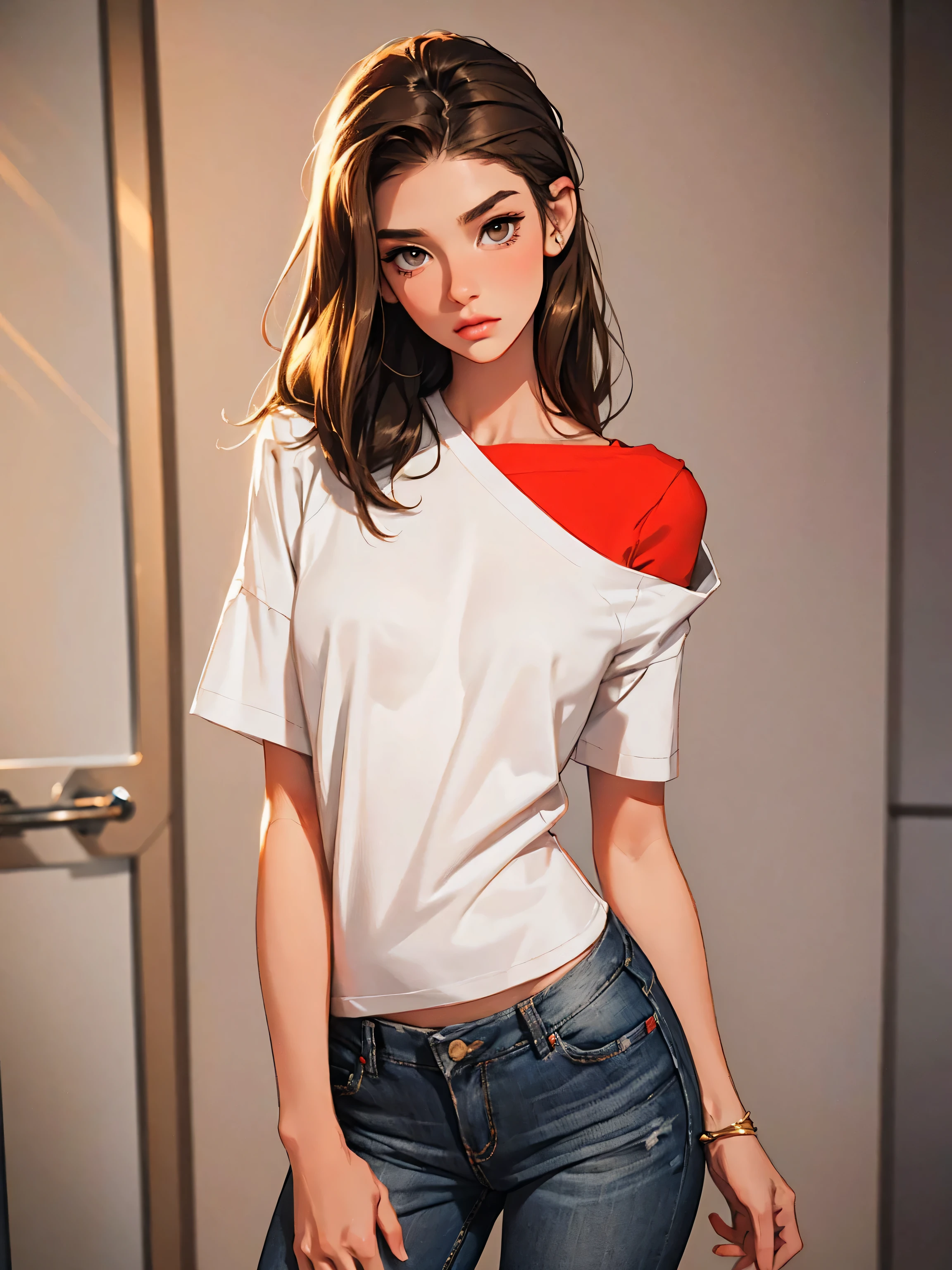 20 year old model, (only 1 girl),  beautiful,  brown hair, (shoulder length hair), , short glossy hair, gray eyes, beautiful figure, beautiful long legs, , top quality, highest quality, pin-up style, red shirt, white shirts,, dark makeup,  small , skinny, slender body, ,, ninjartist style, [Lena Anderson], gold jewelry, (shirt and jeanst)
