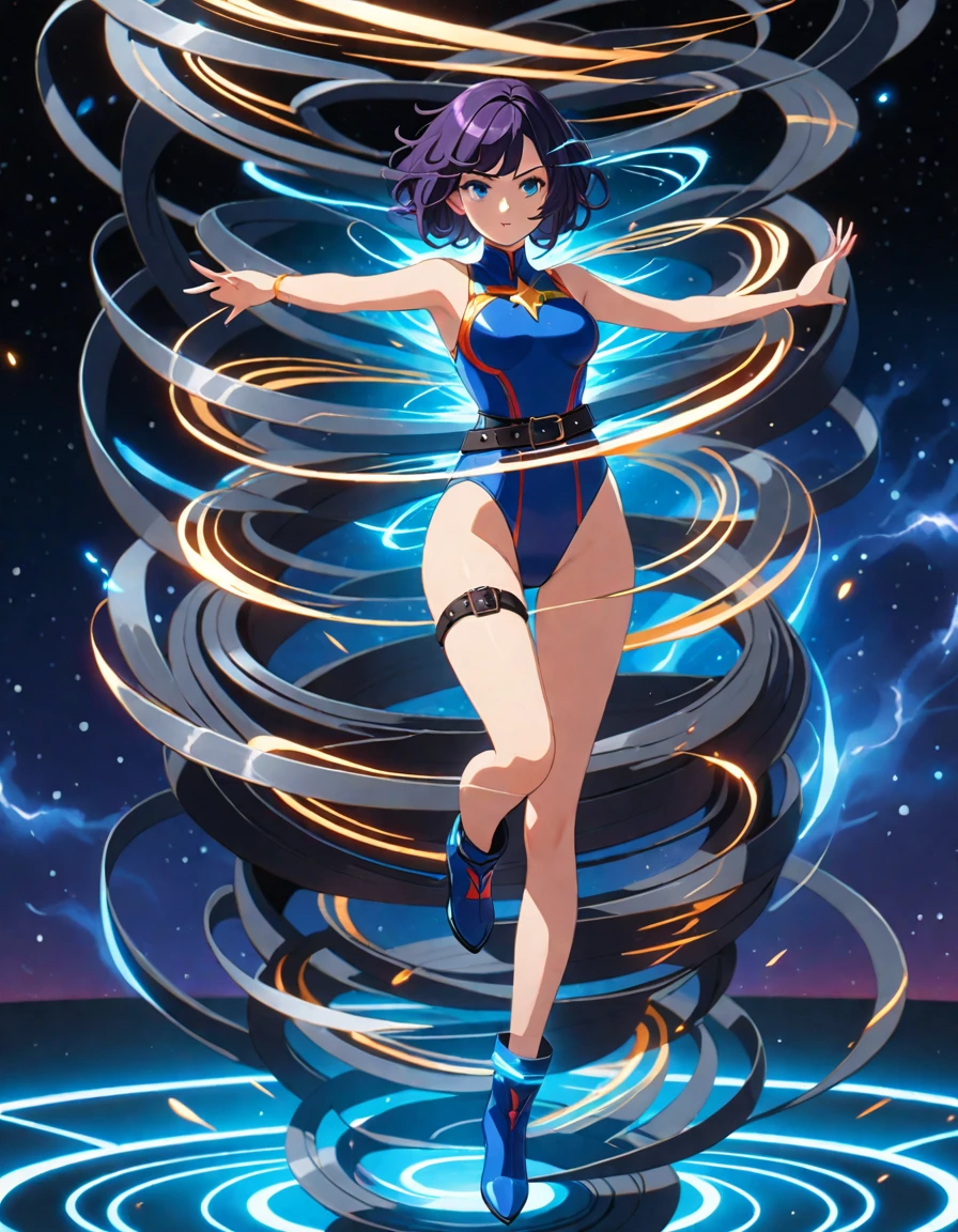 The hairstyle is short, fist fight, complex and colorful effects in the background, rainbow color effect, space debris floating, the background is outer space, bodysuit and sailor suit fusion, sailor suit and bodysuit fusion, small, female brat, thick eyebrows, thin waist, beautiful blue eyes, beautiful black hair, short cut, (masterpiece), ((highest quality)), (super detailed), girl, clean and detailed face, five fingers, textile shading, perfect anatomy,