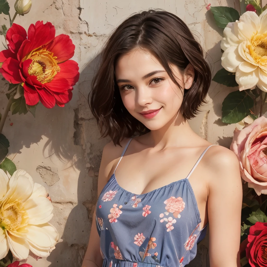 393 ((young woman)),(short hair),(Neat hair),(floral dress),(Archaic Smile)