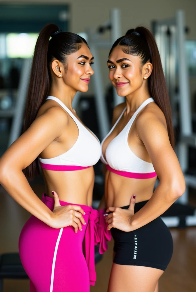 (RAW photo style, 32K UHD masterpiece, best quality, ultra-detailed, photo realistic), 28 years old beautiful and sexy arab woman, black colored hair in a ponytail, vibrant green eyes, long detailed eyelashes, wearing a pink athletic nike sports bra and shorts, huge enormously gigantic breasts, cleavage showing, tons of tattoos and piercings, in a fitness gym, looking at the viewer, cheerfully smiling and happy, analog style, (real skin texture, film grain), cinematic light, sidelighting, ultra high res