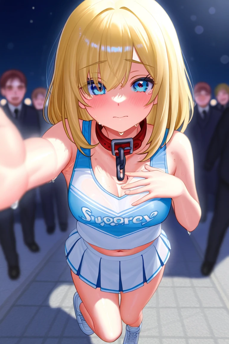 Blonde nudist streamer projected on large monitor、A lot of naked elementary school students greeting each other、surround each other&#39;faces、((Laughter and joy))、in group photograph、Group Selfies、From  above、knee