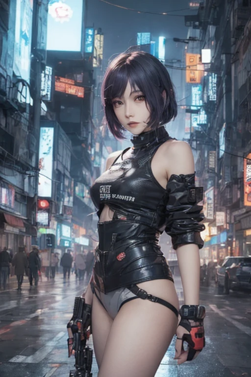 (Wide angle view). "ghost in the shell" film inspired futuristic Tokyo city, simple outlined neon tall buildings, (OLED holographic portrait on buildings), glowing giant clock tower, 1drone, lightning, 3D rendering Beeple. At night, (1girl, solo, alone), photorealistic, medium-breast slim:0.6 body, oval:0.5 face, cleavage:1.1, sexy costume with deep-v, low view pleated miniskirt, glove, (Matrix style black micro sunglasses), ((aiming viewer with a short gun)), (running pose), (half-body thigh level close-up shot), cinematic lighting, ray tracing.
