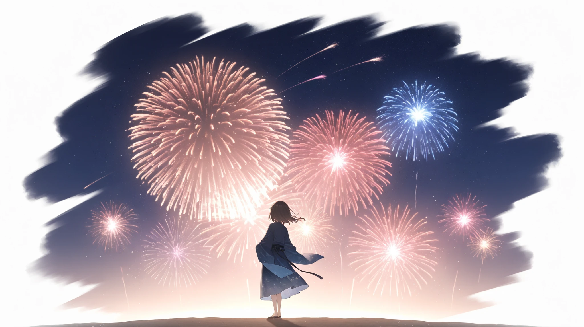 masterpiece,top quality, (white background:1.5) 1girl, farshot, full body, Fireworks, Fireworks, light particles, night, starry sky, standing, nightの公園で,