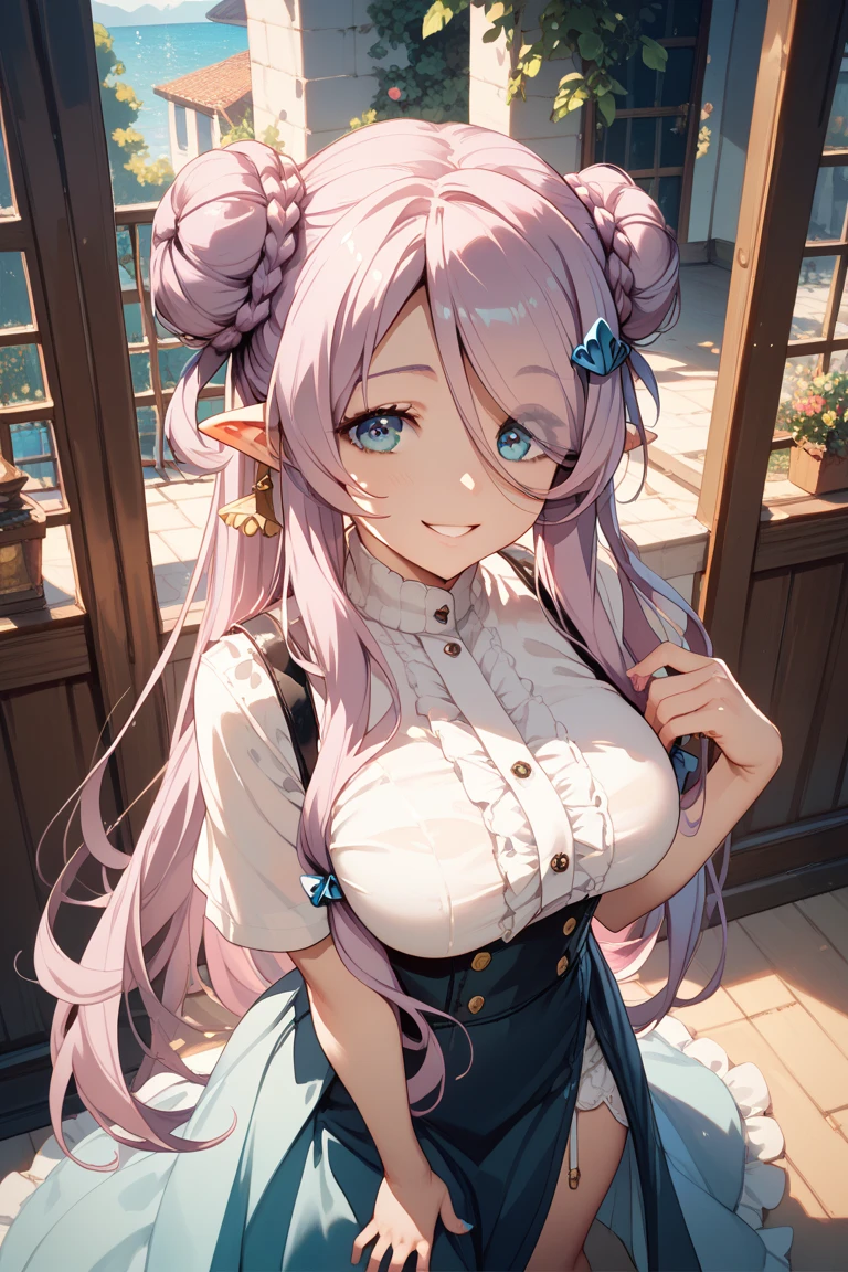 best quality、best quality、masterpiece、(8K resolution),beauty(25 years old)、(mature appearance)、white long hair(side braids)、blue eyes、(Pink clothes with detailed embroidery)、(elf)、great cleavage、laugh、necklace、 earring、background(ice)、Please open your mouth wide、bracelet、dynamic pose、pink choker、small ears