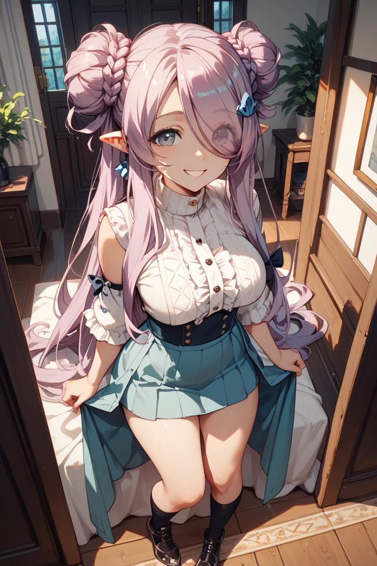 Anime Waifu beautiful detailed eyes, beautiful detailed lips, extremely detailed eyes and face, longeyelashes, 1girl, sensuous, young woman, medium breasts, beautiful feminine face, nice thighs, slim, sexly, erotic, beautiful clothes, perfect body, cinematic lighting and framing, (best quality,4K,8k,highres,masterpiece:1.2),ultra-detailed,digital painting,portrait,glamorous,highly detailed,soft lighting,warm color tones better, hatsune miku, , Giant tits, giant ass, very curvy, Strawberry blonde with curly bangs, pastel pink eyes, fleshy lips, seducer, soft smiling, white flowing dress with long puffy sleeves, elf ears, crown of flowers, thick-thighs, Curvy physique