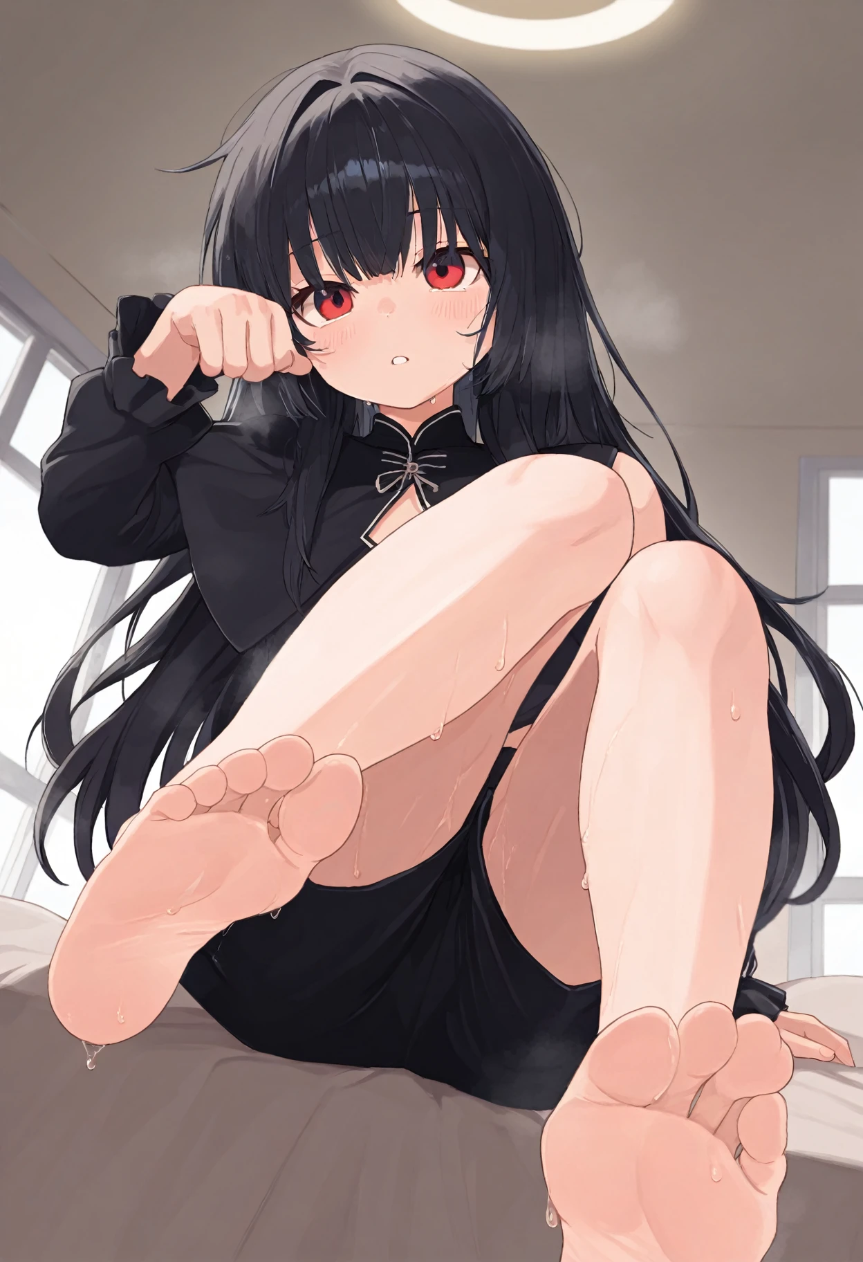 (masterpiece、Highest quality、Very detailed))、One girl、Black Hair、Long Hair、blunt bangs、((hime cut))、Grey Eyes、evil smile、((Grin))、((lots of piercings))、((Small breasts))、((white sweater dress))、Sit on the bed、((open legs:1.5))、((knees up:1.5))、((black panties))、Spread it by hand、Shoot from below、Bedroom Background