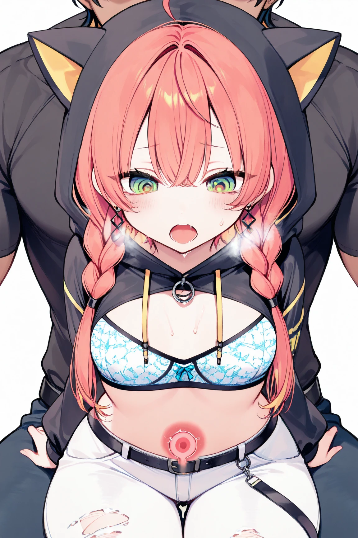 Nino Nakano, nino nakano, long hair, bangs, blue eyes, hair ornament, hair ribbon, pink hair, blunt bangs, two side up, butterfly hair ornament, mature female, nude, red gag, Blushing, frowning, Bondage and BDSM, Whole body, kneeling position on the floor, Arms tied behind back, facing forward, saliva, drooling, excessive saliva, pussy vibrators, Takate Kote, Panting, ((Blindfolded eye, Blindfold around the head )), Cat position, Nipple piercing 