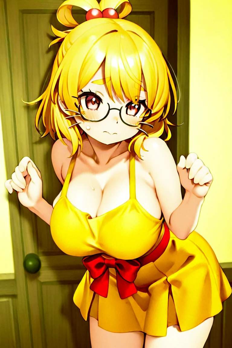 Shizuka, 1girl, solo, breasts, smile, short_hair, blonde_hair, large_breasts, shirt, cleavage, jewelry, closed_eyes, upper_body, open_clothes, glasses, necklace, open_shirt, bell, chalkboard, animal_ears