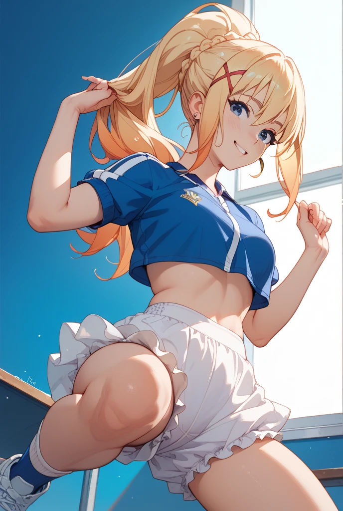 perfect eyes:1.2, detailed eyes:1.4, smile, lucy heartfilia, blonde hair, brown eyes, one side up, long hair, large breasts, white shirt, sleeveless, belt, blue skirt, cowboy shot, 1girl, solo, (masterpiece:1.6, best quality), 8k, insane details, intricate details, hyperdetailed, hyper quality, high detail, ultra detailed, professional, HDR, ray tracing reflection, cinematic lighting,