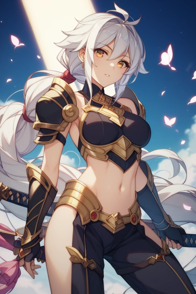 Tall girl, Long white hair, cat ears, blue eyes, leather armour, Sleeveless, open belly, pants, smirk, a sword, brawn, Masterpiece, hiquality