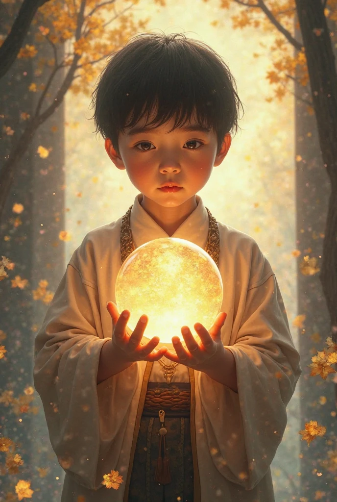 A serene garden scene featuring a baby dressed in monk robes. The baby, with a gentle and innocent expression, is holding a glowing blue orb of energy in their small hands. The orb emits a soft, pulsating light. Surrounding the baby is a lush garden with vibrant green plants and colorful flowers, which contrasts with the mystical glow of the orb. The baby appears focused and at peace, adding to the tranquil and magical atmosphere of the scene."