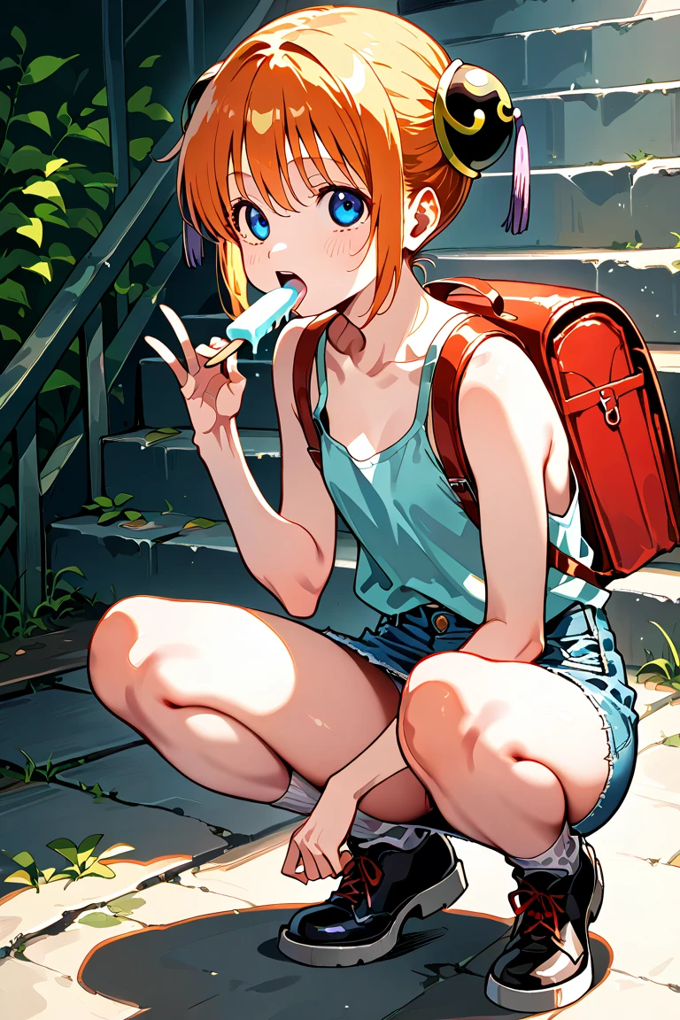 Gintama、 Kagura 、,river,,flat ,,,,,, ,,denim skirt,,,,socks,shoes,squats,,red backpack,,loose tank top、on the other hand、on the other hand、I can see my  slightly、cute 、Looks fun、Underwear that makes you feel bad on the stairs、Eat Ice Cream、Ice cream is pushed into the mouth by a man