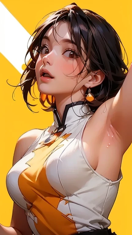 Matoi Ryuuko (Kill la kill), Fleshy thighs, Instagram pose，Dynamic angle, Show armpits, ((Crop top, Underboobs)), Nipples, C cup, Happy expression, (Entire body image:1.5), (8K, Best quality, A high resolution:1.35), (RAW photo:1.2), (Photorealistic:1.37), (Masterpiece: 1.25), Dramatic lighting, Photon maping, Symmetry, Complexity, Elegance, (1 girl), Large breast, Long eyelashes, Detailed eyelashes, Eye shadows, Glowing eyes, ((Natural makeup, Clear facial features)), ((Fine detailed beautiful eyes: 1.2)), ((Curvy build, Showing stomach)), Bad girl, Erotic, ((Night city view))