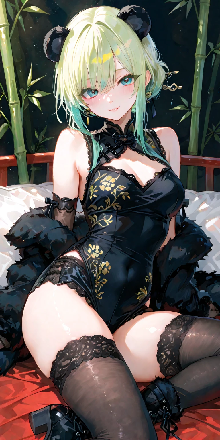 1 girl, vampire, long green drilled twintail hair, Aligned bangs、Big eyes、slanted eyes、green eyes, Goth underwear, frills, absurd, High resolution, ultra net, 8K, masterpiece, look at the audience、(whole body)、are on the bed、beautiful girl、Idol、