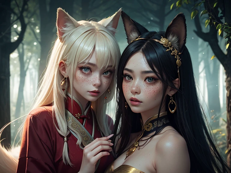 4 Vixen playing in the forest, Flowing costumes，Black hair，Delicate face，The human body, Each person has a fox's tail on their tailbones, Classical Chinese hairstyle